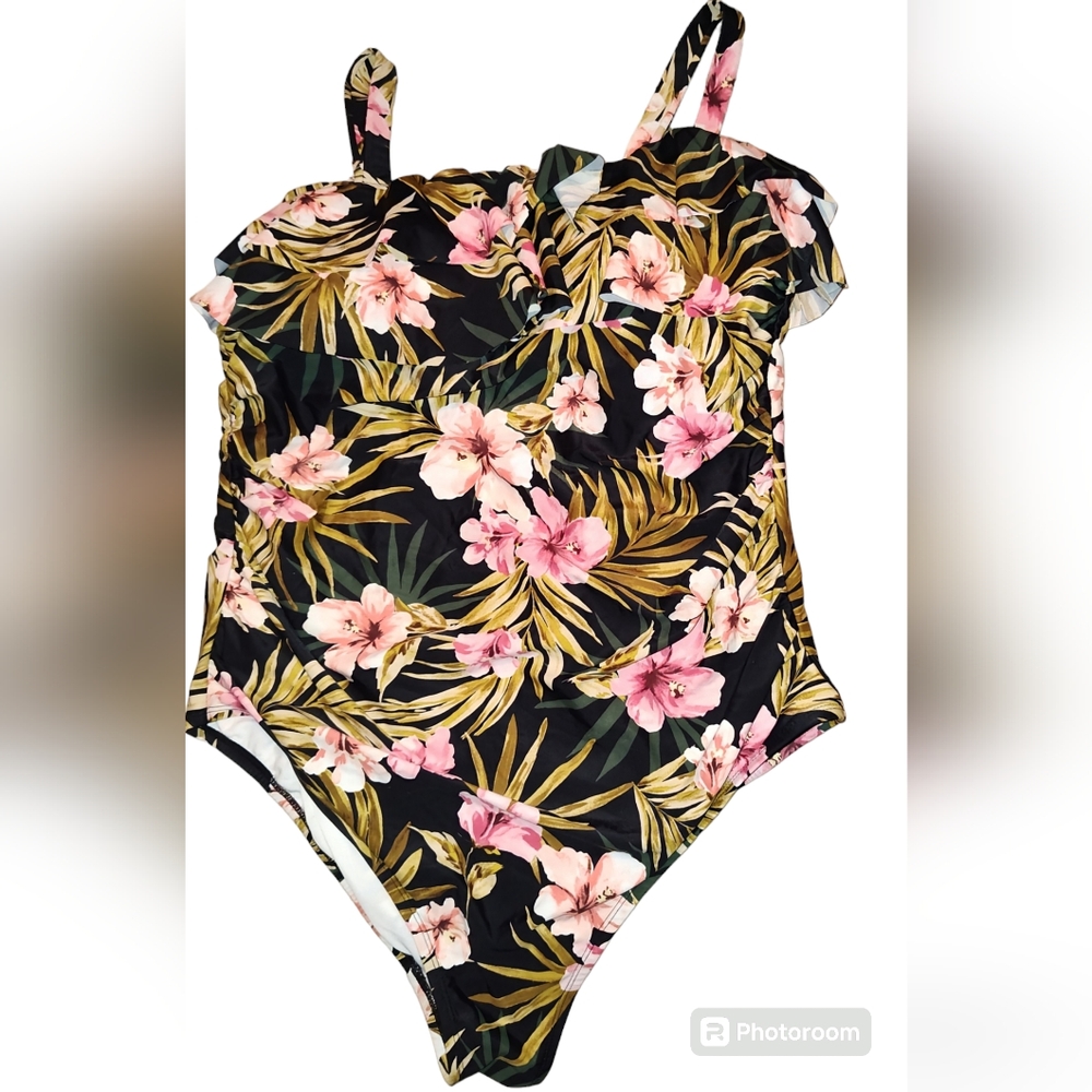 Kona Sol Floral Double Flounce One Piece Swimsuit Women's Plus Size 22W